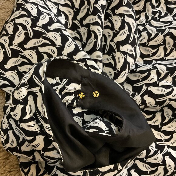 Kate Spade ♠️ Bird Print Sleeveless Draped Neck Midi Dress, Black/White, Size 14 - Picture 6 of 11